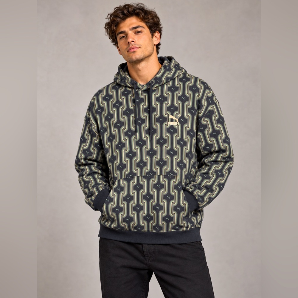 PUMA Men’s XXL Black Green Geometric All Over Print Pullover Hoodie Cotton